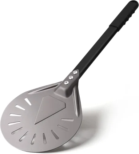 Pala de torneado de pizza de 8 pulgadas redonda de aluminio perforada con mango de metal, paleta de pizza para accesorios de horno de pizza casera