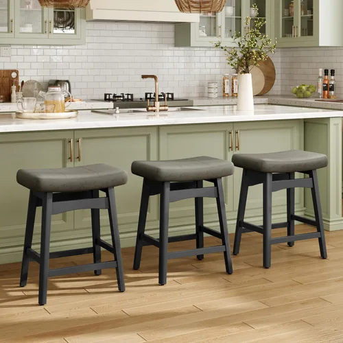 Miniatura 7 de MAISON ARTS Juego de 4 taburetes de bar grises para encimera de cocina, patas de madera maciza con asiento de silla de montar de piel sintética