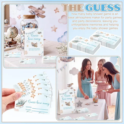 Miniatura 3 de Airplane Adventure Guess How Many Baby Shower Game Paquete de 1 letrero de mesa con soporte y 50 tarjetas de cuántas tarjetas, decoración