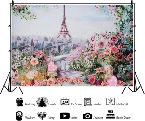 Miniatura 3 de Telón de fondo de torre Eiffel de 5 x 3 pies para fotografía, flores rosadas, paisaje de París, decoración de boda, aniversario, fiesta, accesorios