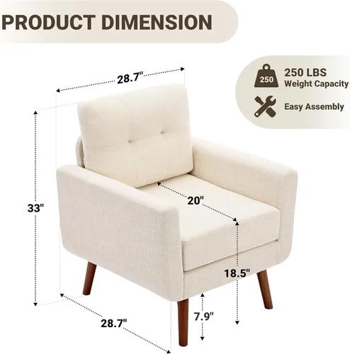 Miniatura 2 de Tbfit Sofá individual de tela de lino, silla de acento, sillón moderno de mediados de siglo para sala de estar, dormitorio, tapizado con botones