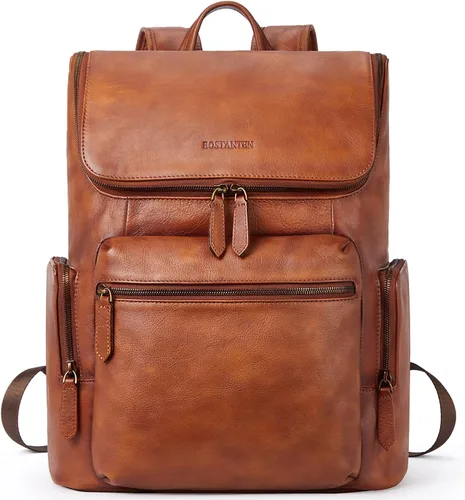 BOSTANTEN Mochila de cuero para hombres 15.6 pulgadas mochila portátil vintage viaje oficina bolsa de hombro gran capacidad marrón rojo
