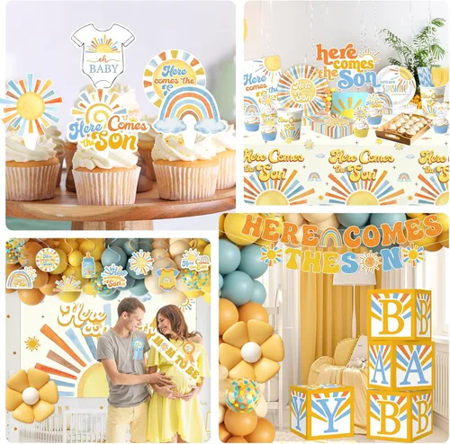 Miniatura 6 de Here Comes the Son - Decoración para baby shower para niño, todo en 1, decoración bohemia retro para baby shower con arco de globos, cajas de bebé
