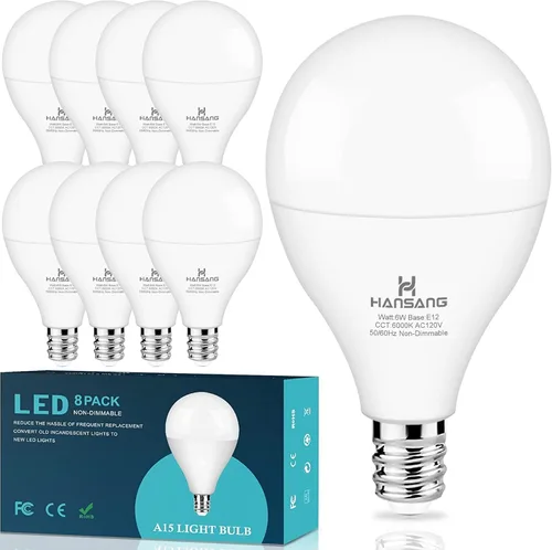 Miniatura 9 de Bombillas LED E12 para ventilador de techo de 6000 K, luz diurna fría, equivalente a 6 W, equivalente a 60 vatios, bombillas A15 con base