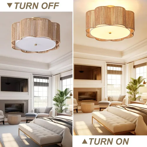 Miniatura 6 de Lámpara de Techo Empotrada de Ratán de 17.7", Luminaria de Techo Boho de 3 Luces Cerca del Techo, Lámpara de Techo de Ratán para Dormitorio, Amarillo