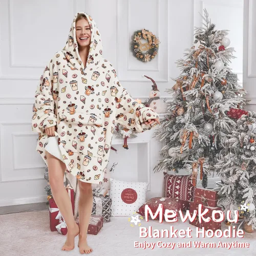 Miniatura 4 de Mewkou Manta con capucha para adultos, manta de forro polar Sherpa de gran tamaño con capucha para mujeres y hombres, café