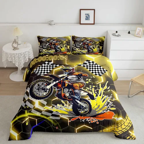 Miniatura 23 de Erosebridal Juego de edredón individual de motocicleta de carreras para niños, juego de ropa de cama de panal con luces de neón azules, motocross