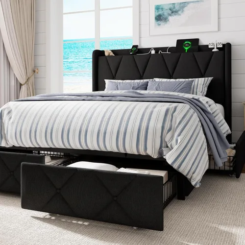 Miniatura 16 de GalnFu Base de cama de tamaño matrimonial con 4 cajones de almacenamiento, plataforma tapizada con estación de carga, moderna cabecera de Beige