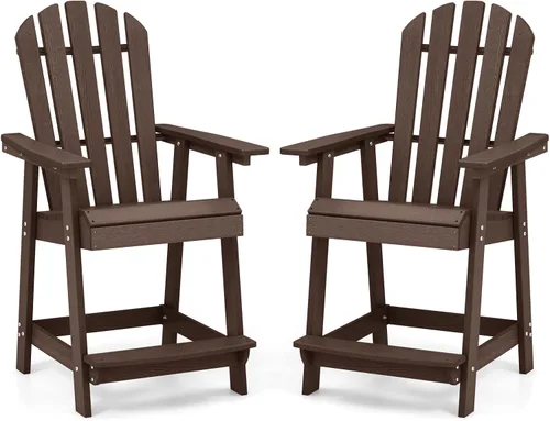 Miniatura 20 de Tangkula Taburete de bar para exteriores, silla Adirondack alta de polietileno de alta densidad con reposabrazos y reposapiés, resistente a la Marrón