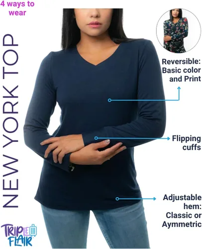 Miniatura 2 de Triple Flair Top convertible 4 en 1 – Camisa reversible de manga larga para mujer con diseño sólido/estampado – Equipo esencial de viaje