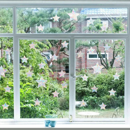 Miniatura 3 de 36 calcomanías de estrella para ventana para prevención de golpes de pájaros, reutilizable, diseño de arco iris que se adhiere para salvar pájaros