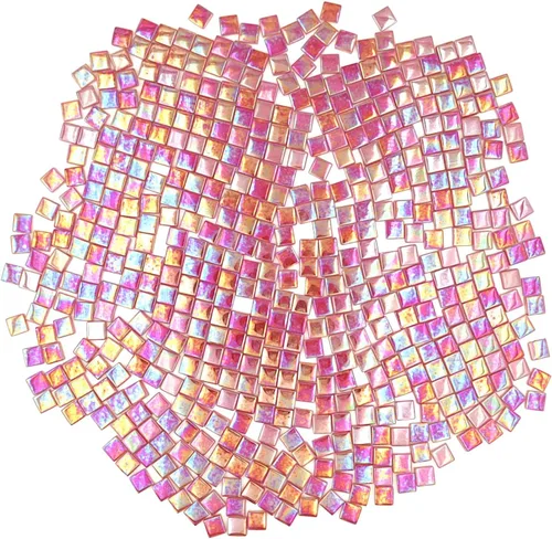 Azulejos de mosaico de cristal cuadrados de 1.1 libras, azulejos de mosaico de vidrio iridiscentes para manualidades, piezas de mosaico, Fucsia