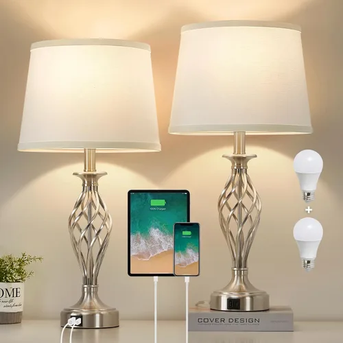 Miniatura 13 de Juego de 2 lámparas de mesa para dormitorio con puertos USB C+A, lámparas modernas de mesita de noche con base de jaula en espiral, pantalla de Base