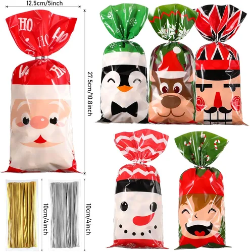 Miniatura 2 de Blulu 180 Piezas Bolsas de Celofán de Plástico para Dulces y Regalos de Navidad con 200 Ataduras Doradas y Plateadas para Navidad Xmas Santa