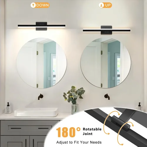 Miniatura 4 de IZORRO Moderna lámpara de tocador de baño de 16 pulgadas, giratoria, 12 W, regulable, lámpara LED sobre el espejo, barra de luz negra para tocador