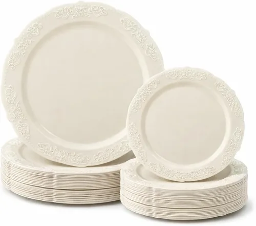 "Ocasiones" Paquete de 50 platos (25 invitados) Juego de platos de plástico desechables para fiesta de boda vintage, cena de 25 x 10.25 pulgadas +