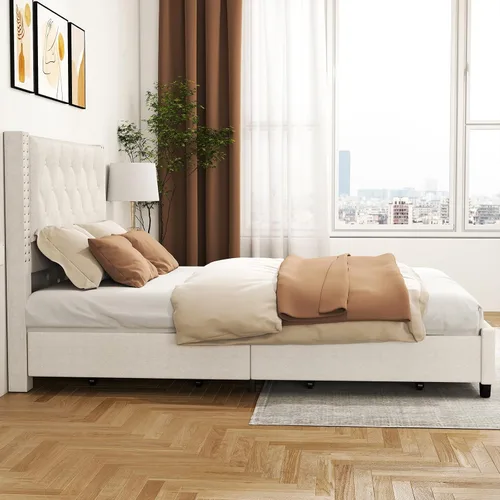 Miniatura 7 de EVLIQUIL - Marco de cama de tamaño matrimonial con 4 cajones de almacenamiento y cabecero, color beige Upholstered Platform Bed Frame with Wood