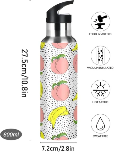 Miniatura 9 de Peaches Bananas Polka Dot Insulated Stainless Steel Water Bottle with Straw 20 Oz, BPA-Free Sports Water Bottle Leakproof Water Bottles