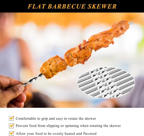 Miniatura 3 de Brochetas de metal para parrilla, paquete de 50 brochetas de 14.8 pulgadas, brochetas planas para barbacoa, juego de brochetas reutilizables