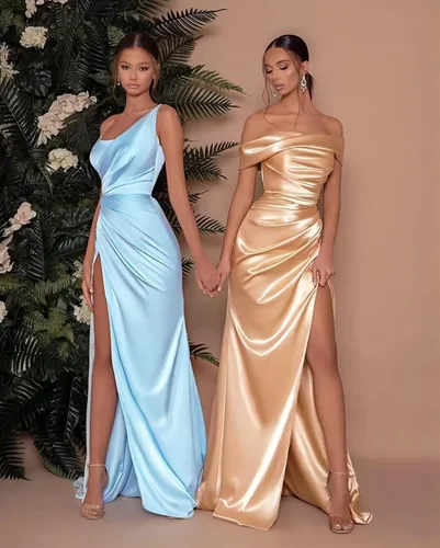 Miniatura 3 de Vestido de dama de honor de satén de un hombro para mujeres, adolescentes, vestidos largos de graduación con abertura, vestidos de fiesta formales