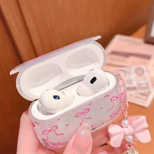 Miniatura 5 de MINSCOSE Funda para AirPods Pro de 2ª/1ª generación, diseño de corazón con lazo de cinta femenina con bonito llavero de perla, funda protectora