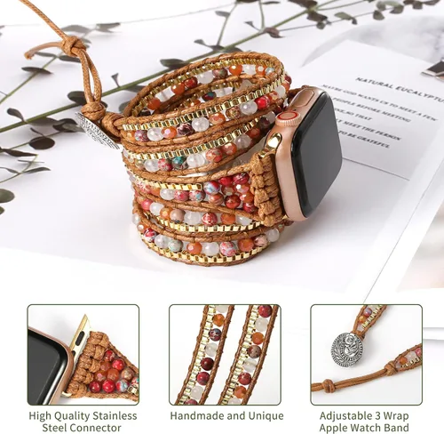 Miniatura 4 de Pulsera bohemia de 5 envolturas compatible con Apple Watch Band con cuentas para mujeres y hombres, 1.496 pulgadas/1.575 pulgadas/1.614 pulgadas