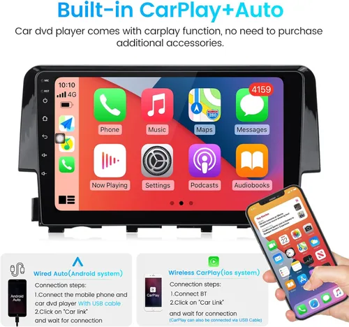 Miniatura 4 de Radio estéreo Android para Honda Civic 2016 2017 2018 2019 2020 2021, 8 núcleos inalámbricos con cable para Car-Play Android Auto GPS Navegación