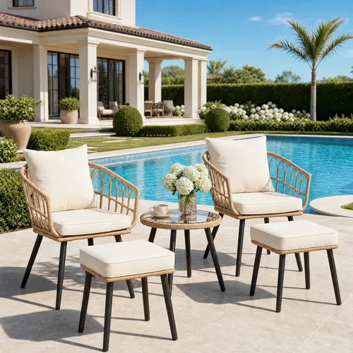 Miniatura 8 de PORWEY Juego de 3 piezas de muebles de mimbre para patio, balcón, mesa y sillas de ratán para porche, patio trasero, césped, cubierta junto a