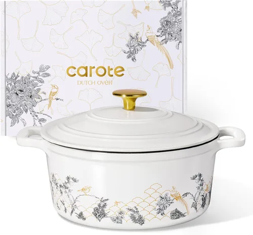 CAROTE Olla de Horno Holandés de Hierro Fundido de 5QT con Tapa, Hornos Holandeses Esmaltados Florales con Caja de Regalo, Olla de Hierro Fundido