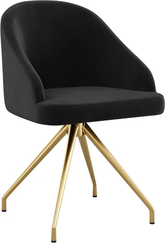 Martha Stewart Sora Silla de Trabajo Giratoria Fija con Brazos Inclinados para Oficina en Casa en Terciopelo Negro con Marco de Latón Pulido