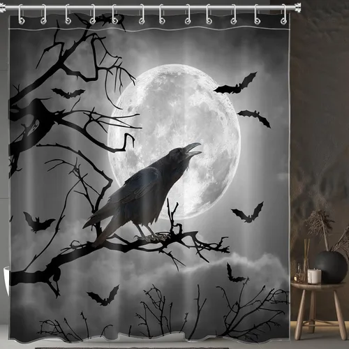 Miniatura 3 de LB Cortina de ducha gris de Halloween, cuervo negro sobre árbol muerto, juego de cortina de ducha de luna de terror, murciélago aterrador en bosque
