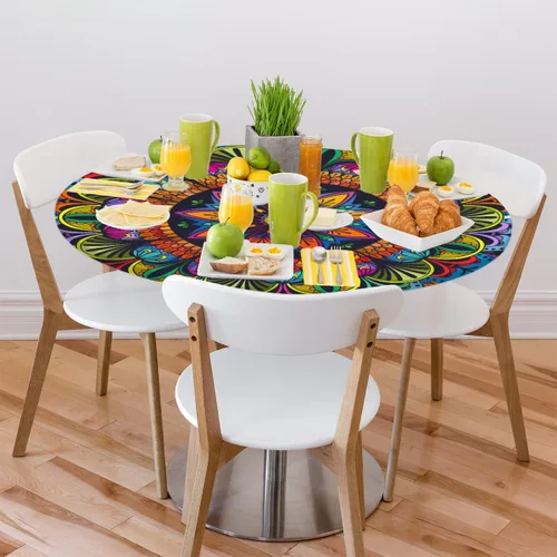 Miniatura 2 de cfpolar Mantel redondo con diseño mandala y borde elástico, mantel étnico lavable y limpiable con flores coloridas, funda de mesa de poliéster