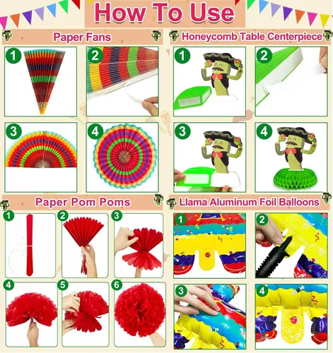 Miniatura 3 de 7 variedades – 33 piezas de decoraciones de fiesta del Cinco de Mayo, suministros de fiesta mexicana, abanicos de papel, pompones, cubierta de mesa