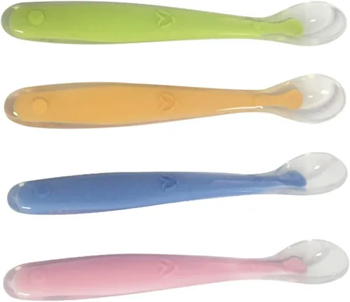 UPKOCH 4 cucharas de silicona con diseño ergonómico para facilitar el alivio de la dentición, colores aleatorios para aprender a alimentarse por sí