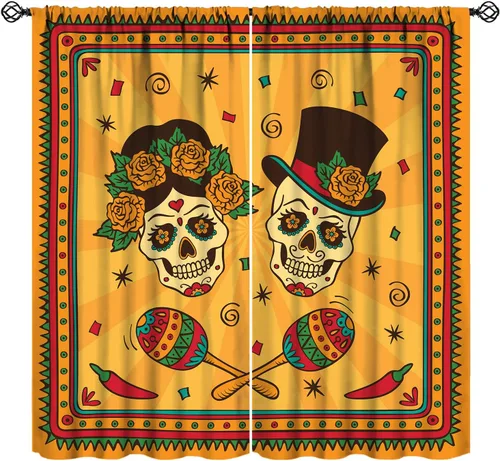 Miniatura 2 de Divertidas cortinas opacas de calavera de azúcar, cementerio del día de los muertos, diseño floral de México, telón de fondo negro, cortinas