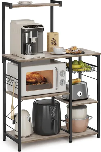Miniatura 15 de VASAGLE Estante para panadero, soporte para microondas, estante de almacenamiento de cocina con cesta de alambre, 6 ganchos y estantes
