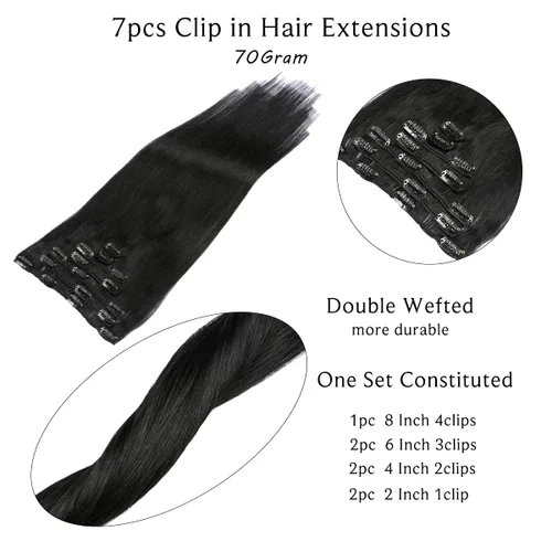 Miniatura 3 de Extensiones de cabello con clip Ubetta de cabello humano real, extensiones de cabello negro azabache con clip, 7 piezas, 70 g, extensiones