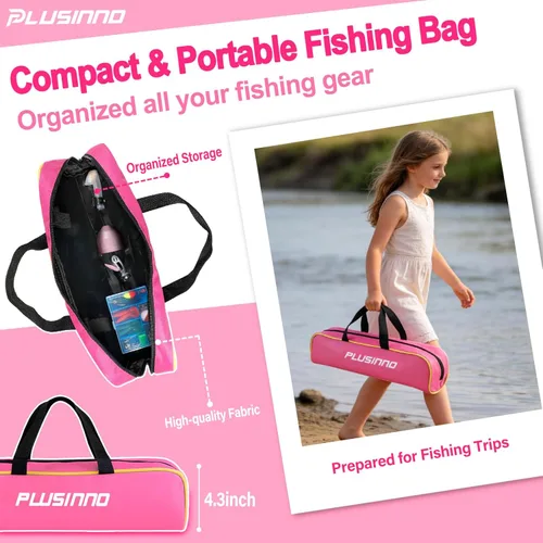 Miniatura 4 de PLUSINNO Caña de pescar para niños con carrete Spincast telescópica caña de pescar Combo kits completos para niños, niñas y adultos Rosa