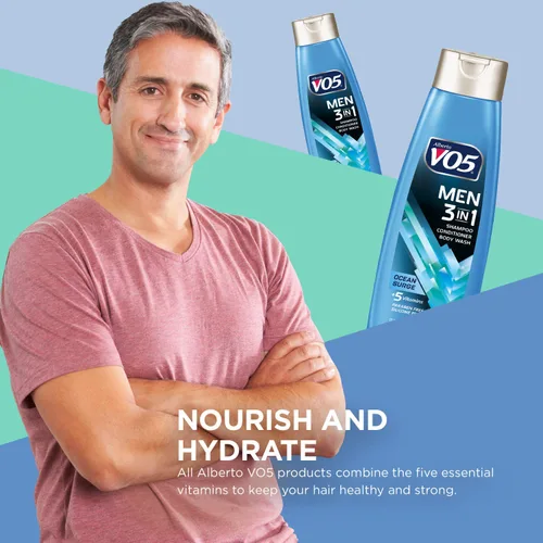 Miniatura 3 de Alberto VO5 - Champú acondicionador y gel de baño 3 en 1 para hombre, Ocean Surge, 5 vitaminas esenciales A, H, C, B5 y B3 para ayudar a nutrir e