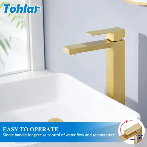 Miniatura 2 de Tohlar Grifo de lavabo dorado, grifos de baño altos para fregaderos de buque, dorado cepillado, moderno, mango único, 1 agujero, grifo de tocador