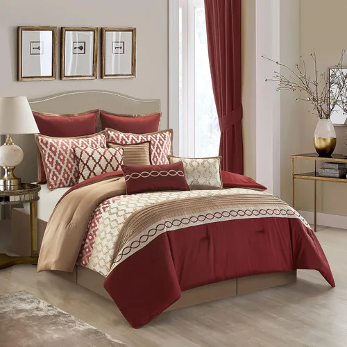 Stratford Park Juego de ropa de cama cálido y vibrante de 10 piezas, color borgoña, tamaño Queen, cálido, 100% poliéster, falda de cama, almohadas y