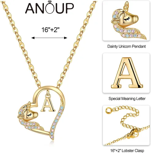 Miniatura 45 de Anoup Collar con inicial de unicornio, chapado en oro de 14 quilates, hipoalergénico con circonita cúbica, colgante de diamante simulado, joyería