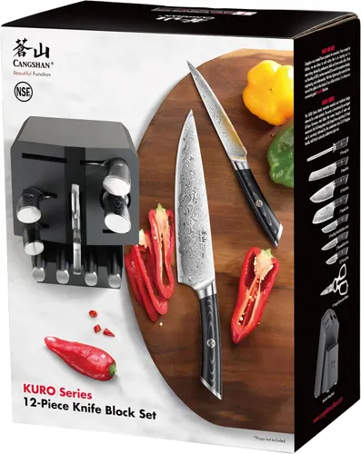 Miniatura 9 de Cangshan KURO Series 504340 - Juego de bloques de cuchillos de 12 piezas, acero Damasco X-7 de alto carbono, gris, 504340