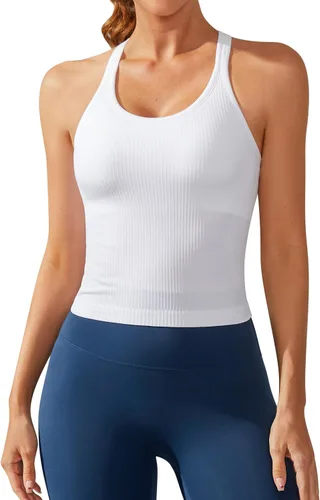 Miniatura 194 de ATTRACO Camiseta corta acanalada de entrenamiento para mujer con brasier integrado para yoga, espalda cruzada, ajuste ajustado
