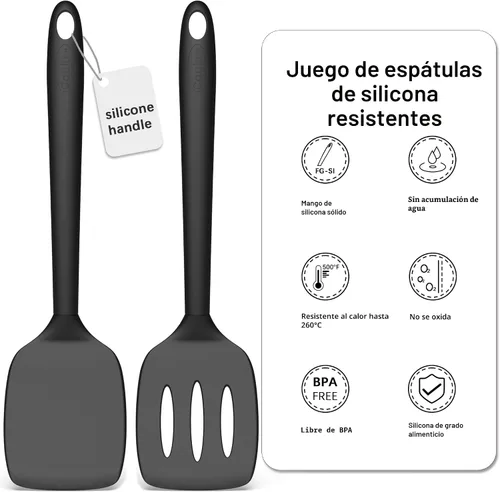 Miniatura 2 de Coukre Juego de 2 Espátulas de Silicona, Resistente al Calor Alto, Libre de BPA, Espátula de Cocina, Volteador Sólido y Ranurado para Sartenes negro