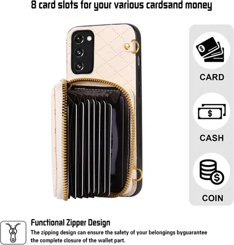 Miniatura 4 de Funda cartera desmontable con correa cruzada para Samsung Galaxy S20 FE 5G 6.5 pulgadas con cremallera, múltiples ranuras para tarjetas, soporte