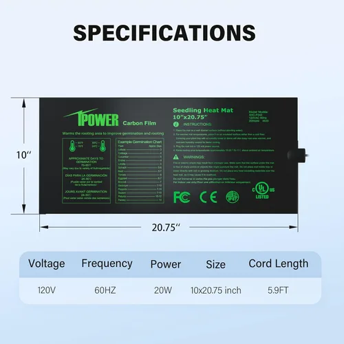 Miniatura 2 de iPower Tapete térmico de siembra de 10 x 20.75 pulgadas con película de carbono mejorada, almohadilla de inicio de germinación de plantas