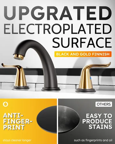 Miniatura 5 de WOWOW Grifo de Baño Extendido Negro y Dorado Grifo de Lavabo de Baño Tocador de 3 Agujeros 2 Manijas Lavabo Grifo Mezclador de 8 Pulgadas