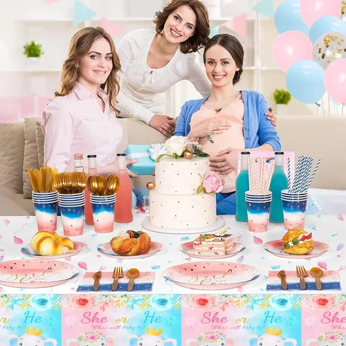 Miniatura 6 de PHOGARY Paquete de 3 manteles de revelación de género de bebé para decoración de fiesta de niño o niña, elefantes bebés rosas o azules, manteles