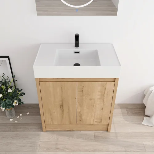 Miniatura 7 de Tocador de baño pequeño de 16 pulgadas con lavabo, tocador de baño independiente de 16" para espacios pequeños, gabinete de madera contrachapada